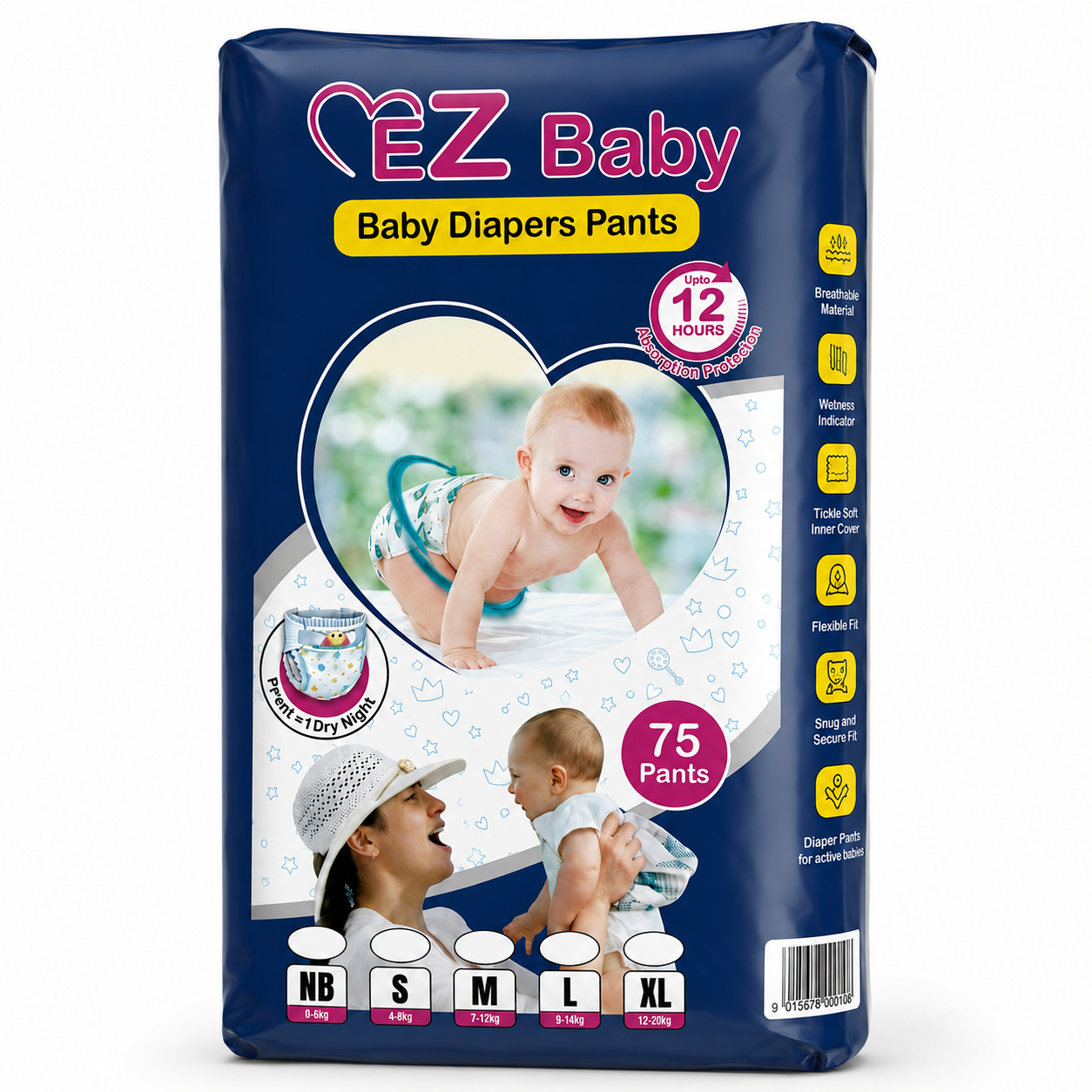EZ Baby Diaper Pants — Up to 12 Hours Absorption (Pack of 75)