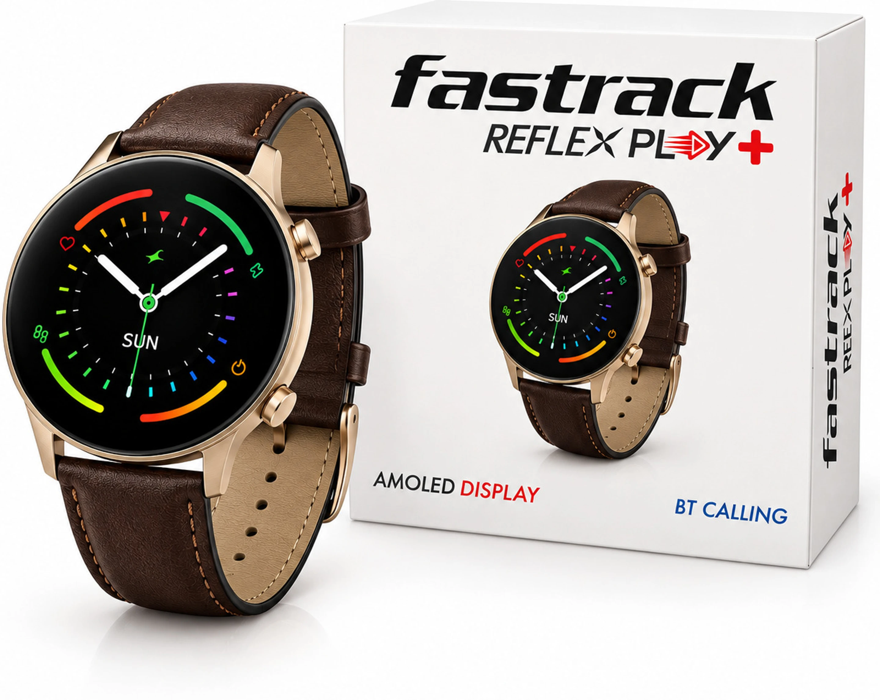 Fastrack Classic Reflx Play+ 1.3 AMOLED Display|BT Calling|25+ Sports Modes (Brown Strap) Smartwatch (Brown Strap, Free size)